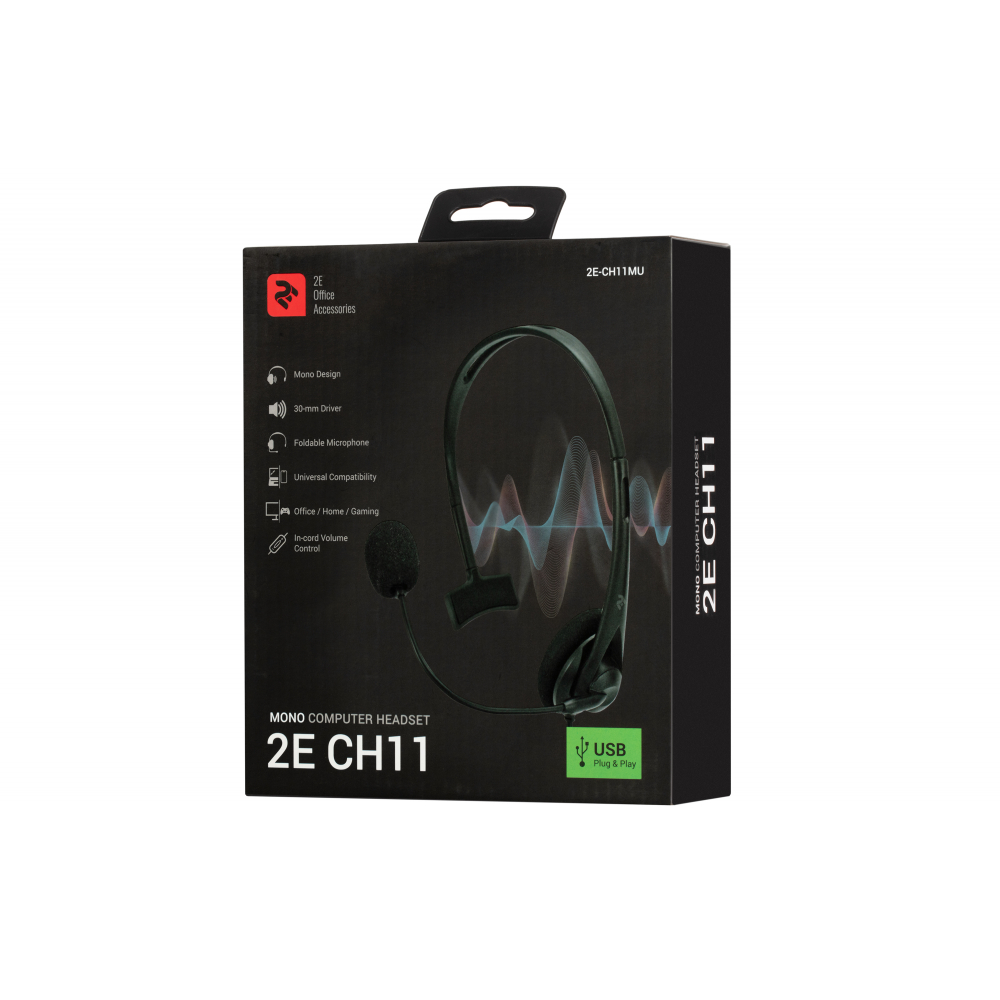 Гарнитура ПК моно On-ear 2E CH11 USB, omni-mic, 2м, черный