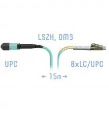 Патчкорд оптический MPO/UPC-8LC/UPC, DPX, MM (50/125 OM3), 15 метров