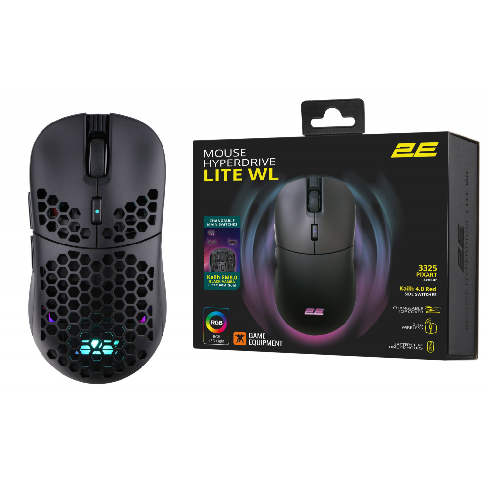 Мышь 2E GAMING HyperDrive Lite WL, RGB, USB-A/WL, чёрный