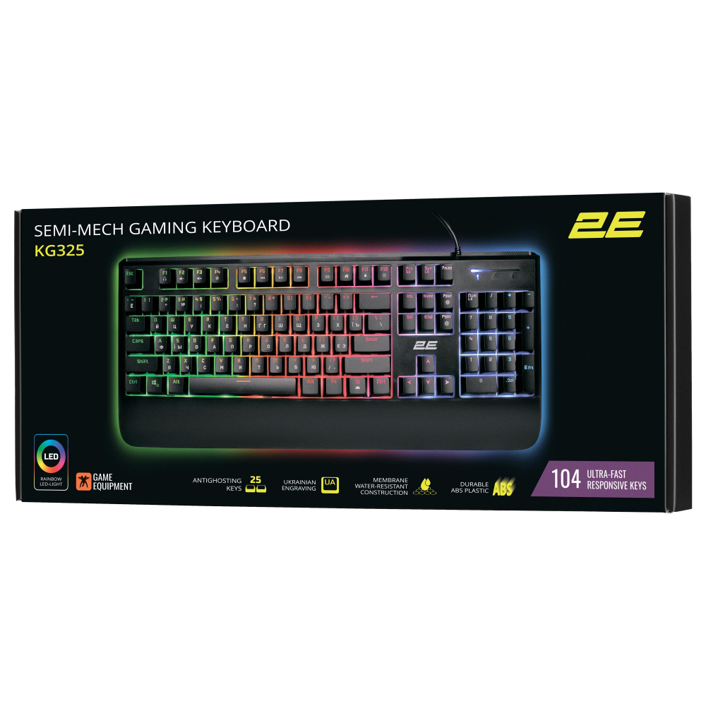 Клавиатура мембранная 2E GAMING KG325 104 клавиши, USB, EN/UA/RU, подсветка, черный