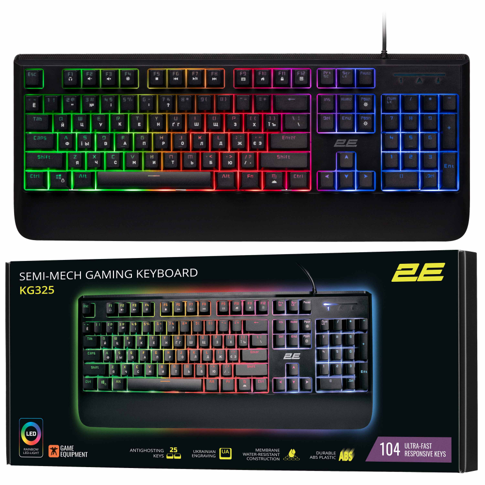 Клавиатура мембранная 2E GAMING KG325 104 клавиши, USB, EN/UA/RU, подсветка, черный