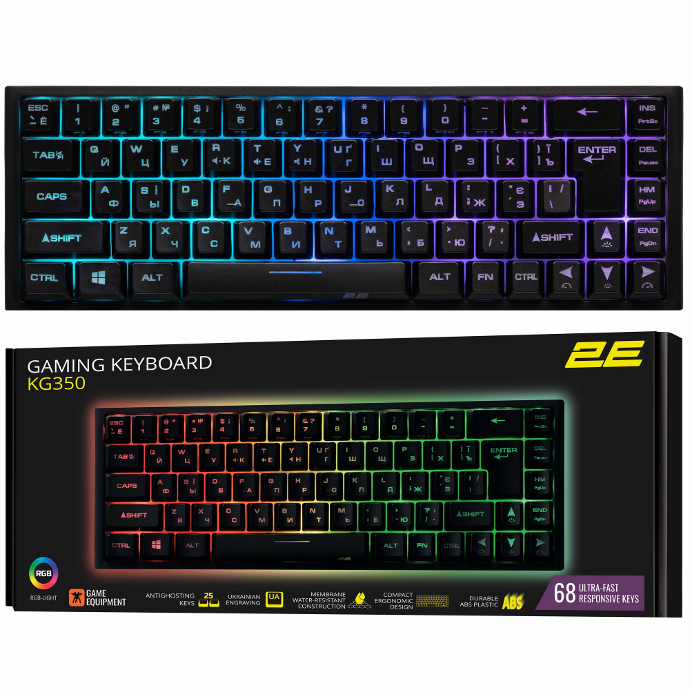 Клавиатура мембранная 2E GAMING KG350 68key, USB-A, EN/UA/RU, RGB, чёрный