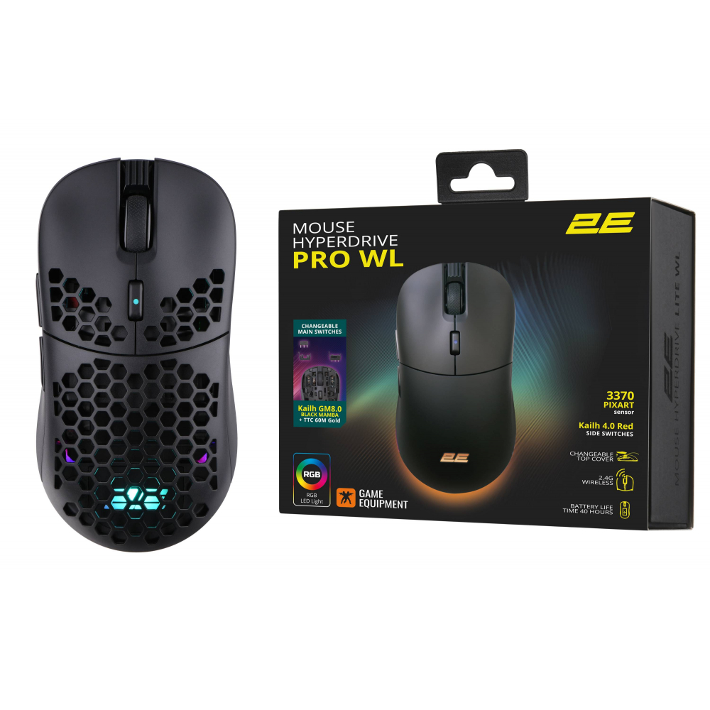 Мышь 2E GAMING HyperDrive Pro WL, RGB, USB-A/WL, чёрный