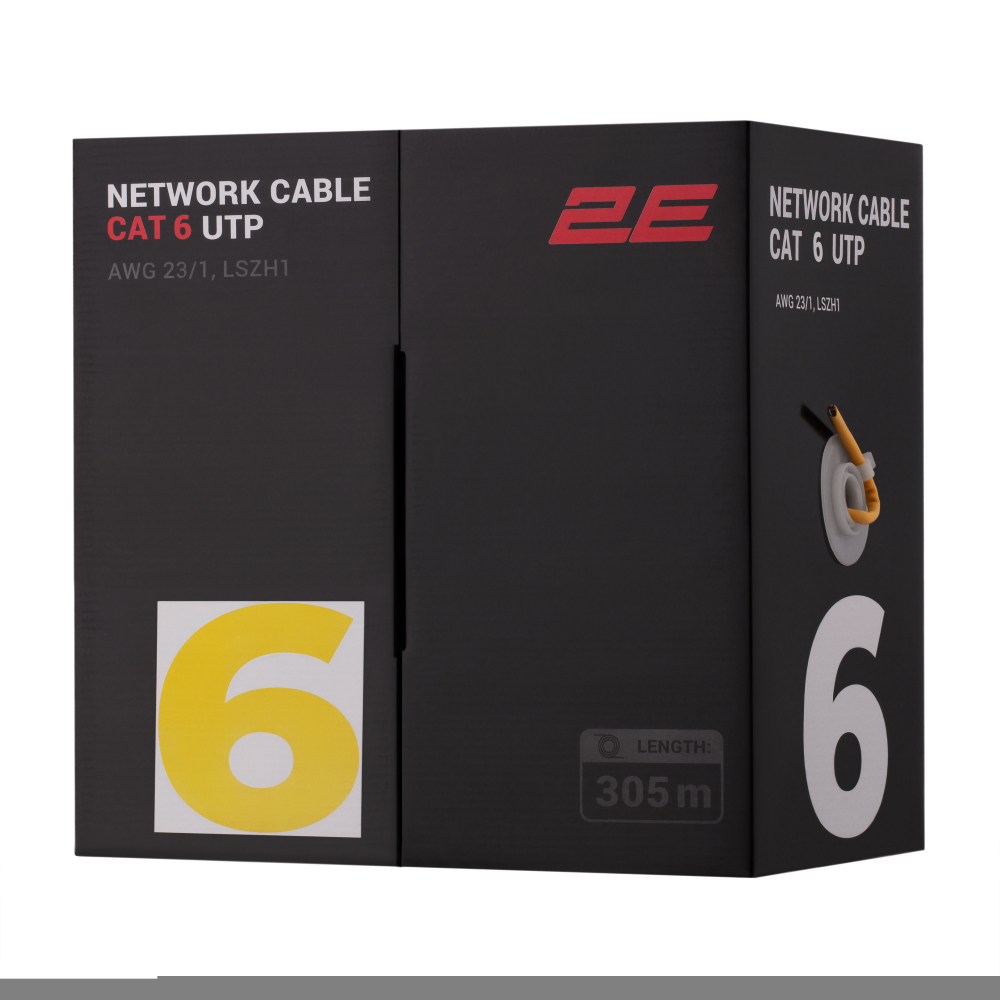 Кабель витая пара 2E CAT 6, U-UTP, 305м, AWG 23/1, LSZH-1, желтый