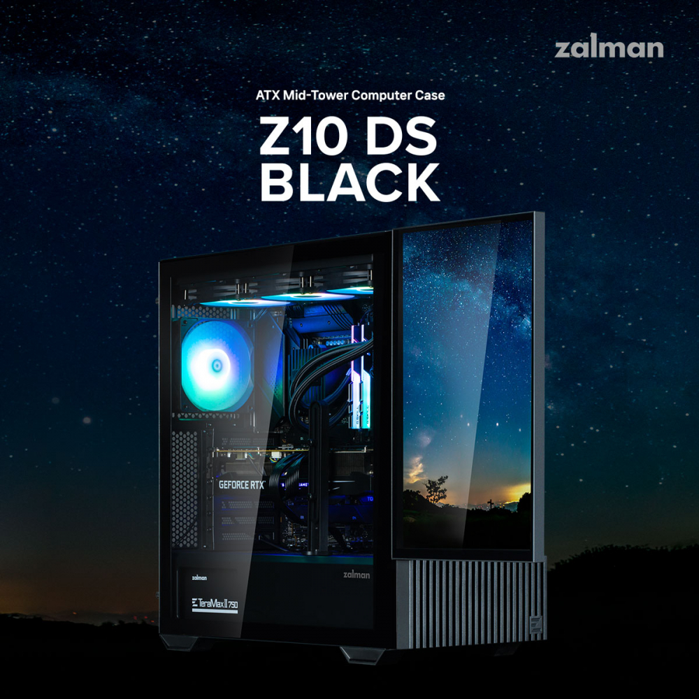 Корпус Zalman Z10 DS без БП, 2xUSB3.0, 1xUSB Type-C, 2x120мм, 1x120мм ARGB, TG Side Panel, ATX, черный