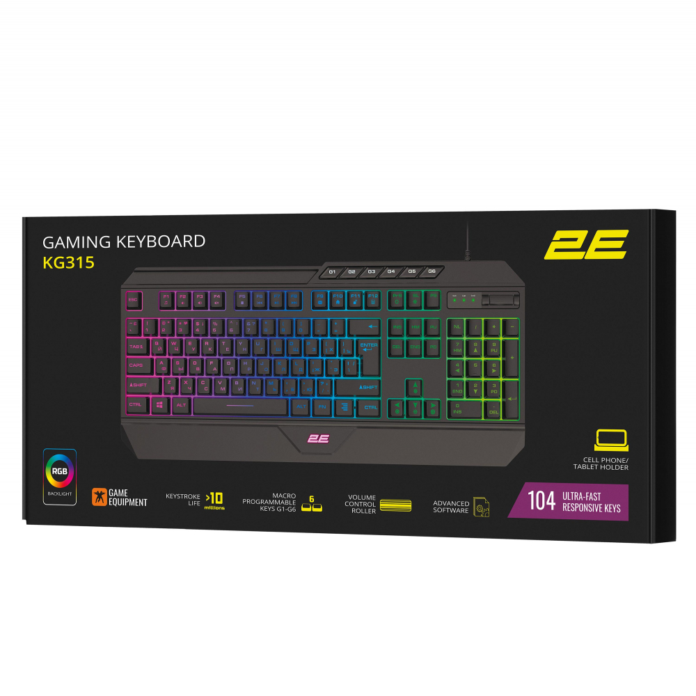 Клавиатура мембранная 2E GAMING KG315, 110 клавиш, USB-A, EN/RU, RGB подсветка, черный