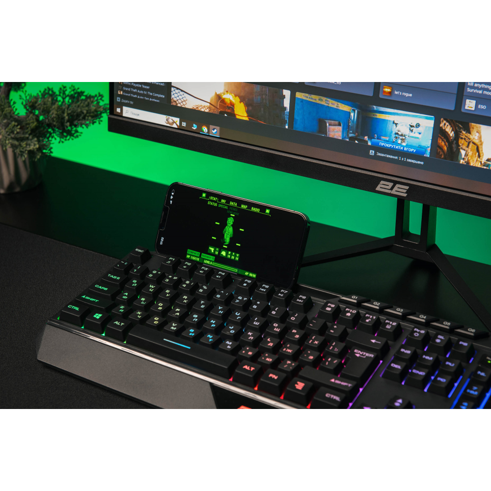 Клавиатура мембранная 2E GAMING KG315, 110 клавиш, USB-A, EN/RU, RGB подсветка, черный