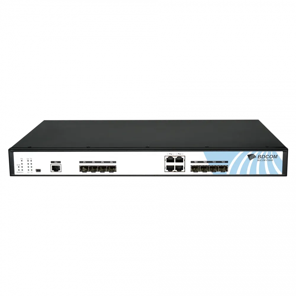 OLT BDCOM P3600-04-2AC: 4 порта GEPON, 2 комбо-порта, 2xSFP, 2xSFP+, 2xRJ-45, 2 БП AC, FEC