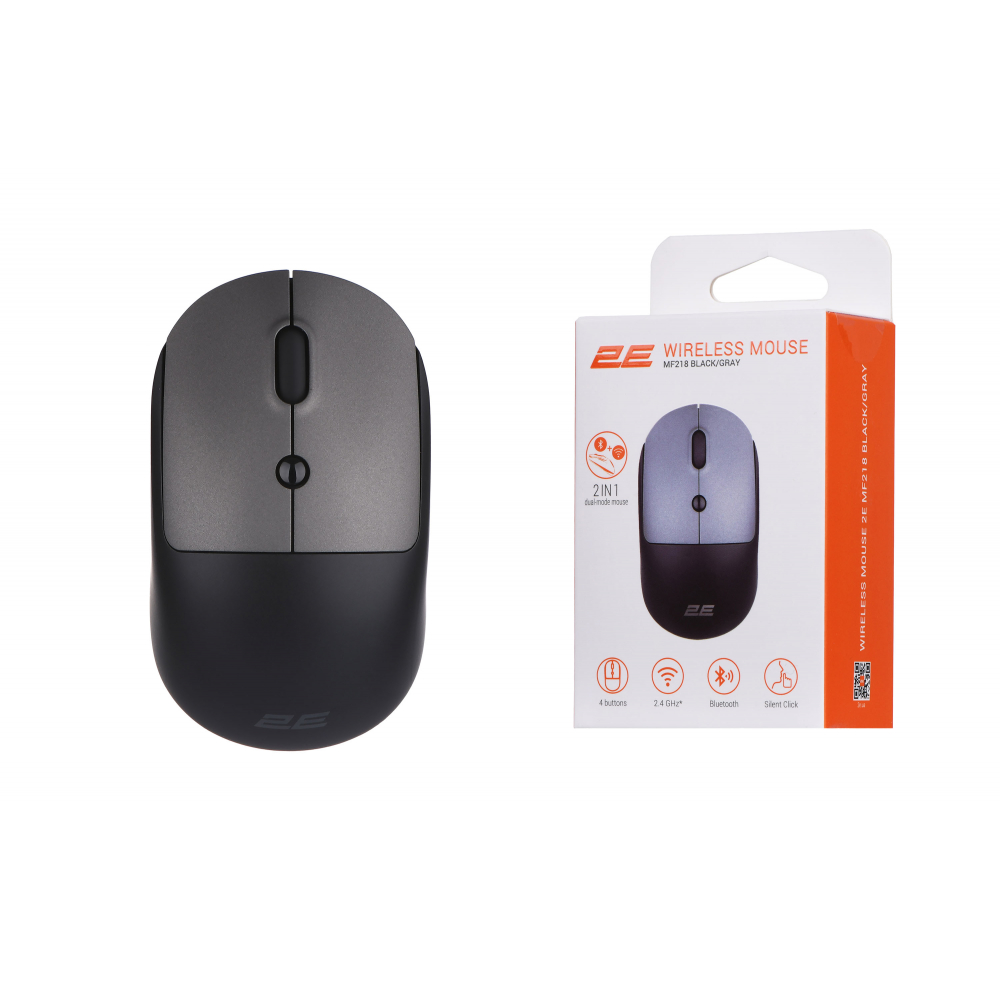 Мышь 2E MF218 Silent, WL/BT, чёрно-серый