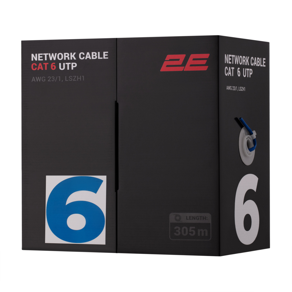 Кабель витая пара 2E CAT 6, U-UTP, 305м, AWG 23/1, LSZH-1, синий