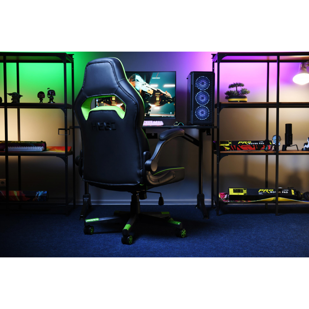 Кресло 2E GAMING HEBI с подлокотниками Foldable Armrests, чёрно-зелёный