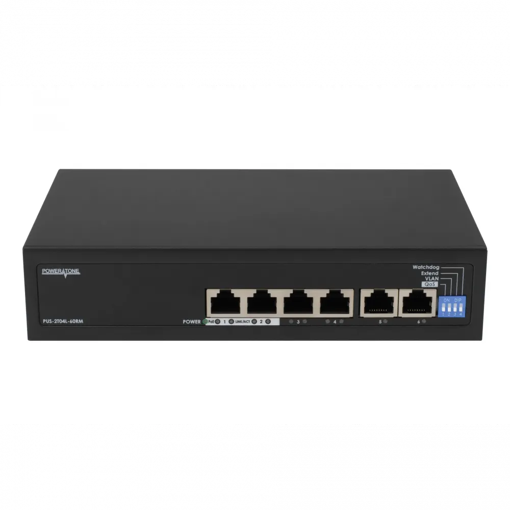 Неуправляемый 4-портовый PoE-коммутатор PUS-2T04L-60RM для установки в стойку