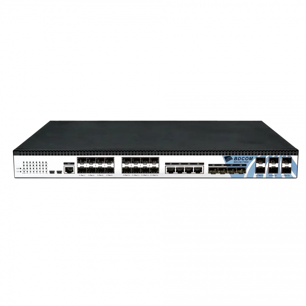 OLT BDCOM P3600-16E-2AC: 16 портов GEPON, 4GE, 4 SFP, 6 SFP+, 2*AC