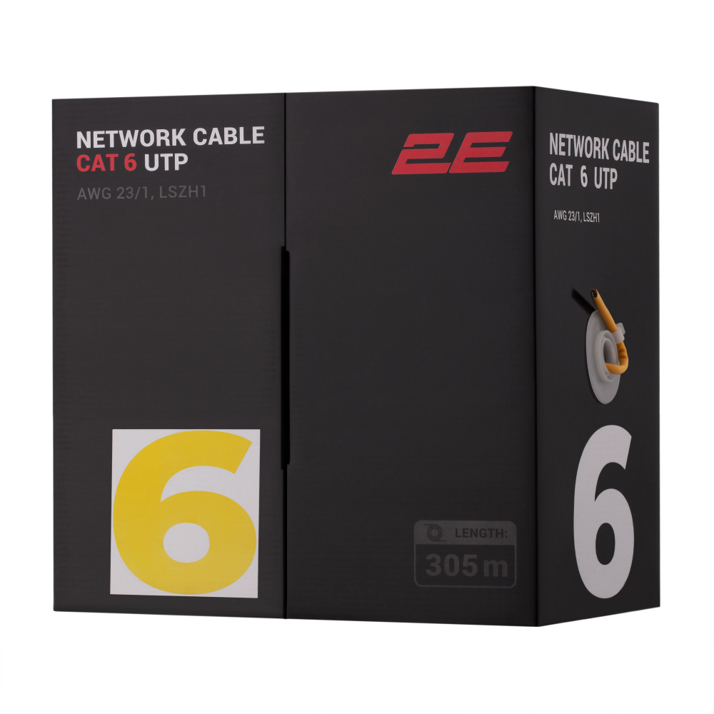Кабель витая пара 2E CAT 6, U-UTP, 305м, AWG 23/1, LSZH-1, желтый